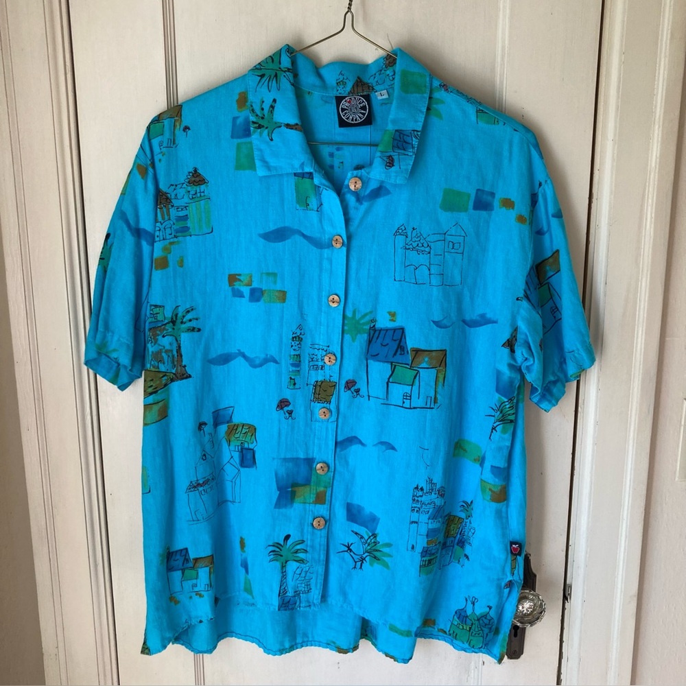 Vintage Hawaiian Shirt Linen Blend Turquoise
